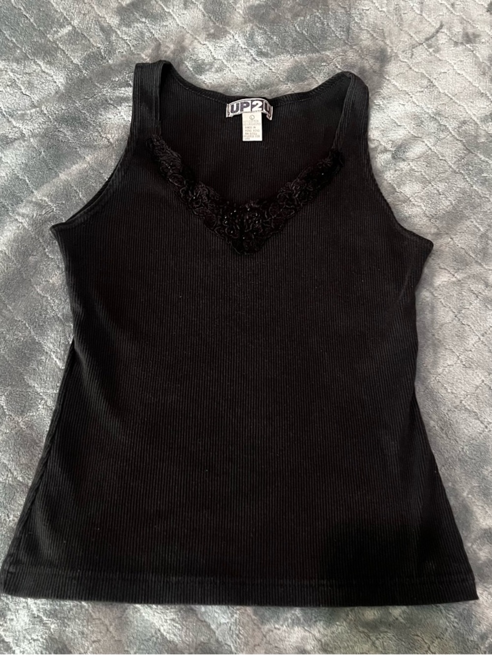 Y2K up2u Black Ribbed Lace-Trim V-Neck Tank L